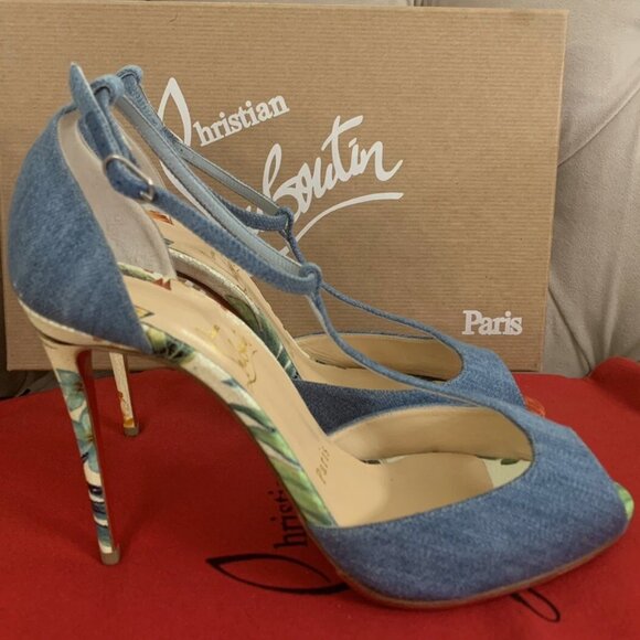 Christian Louboutin Women Senora 4" Denim Hawaii Peep Toe Pumps Sz 36.5 Blue NIB - Picture 2 of 15